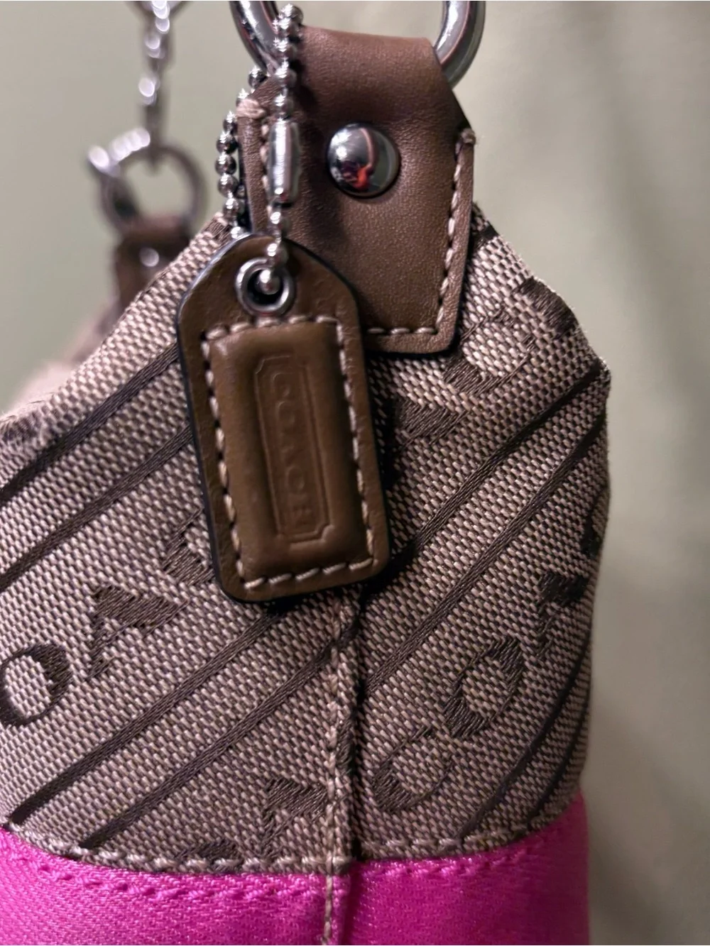 Coach Mini Shoulder Bag in Beige Canvas with Pink Trim